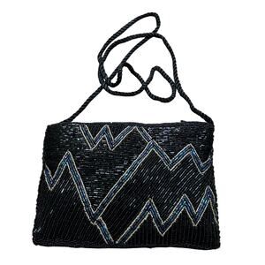 Vintage 1980’s black & blue beaded evening bag flapper prom purse mod geometric